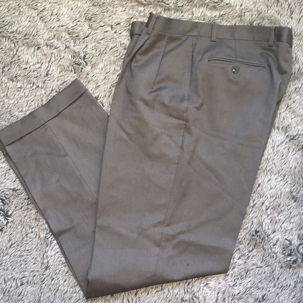 Custom Tailored Wool Dress Pants Men’s 34x30 Pleated Cuffed Luxury Olive Brown